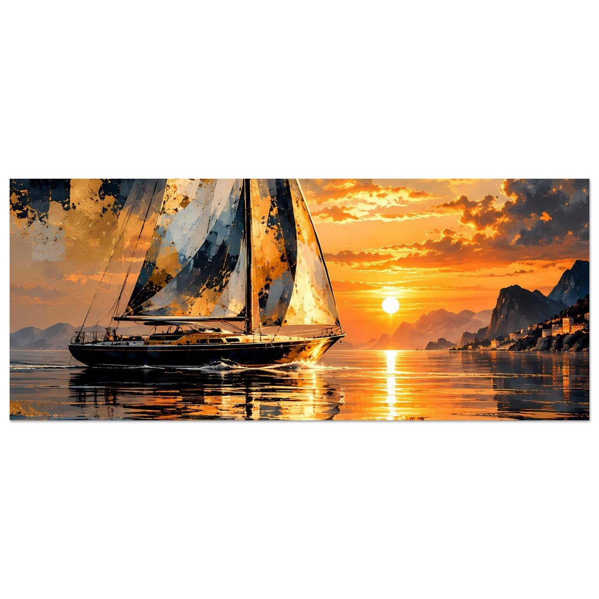 Segelboot-Sonnenuntergang Poster, Panoramaformat mit Segelboot, Sonne am Horizont und Wasserreflexen