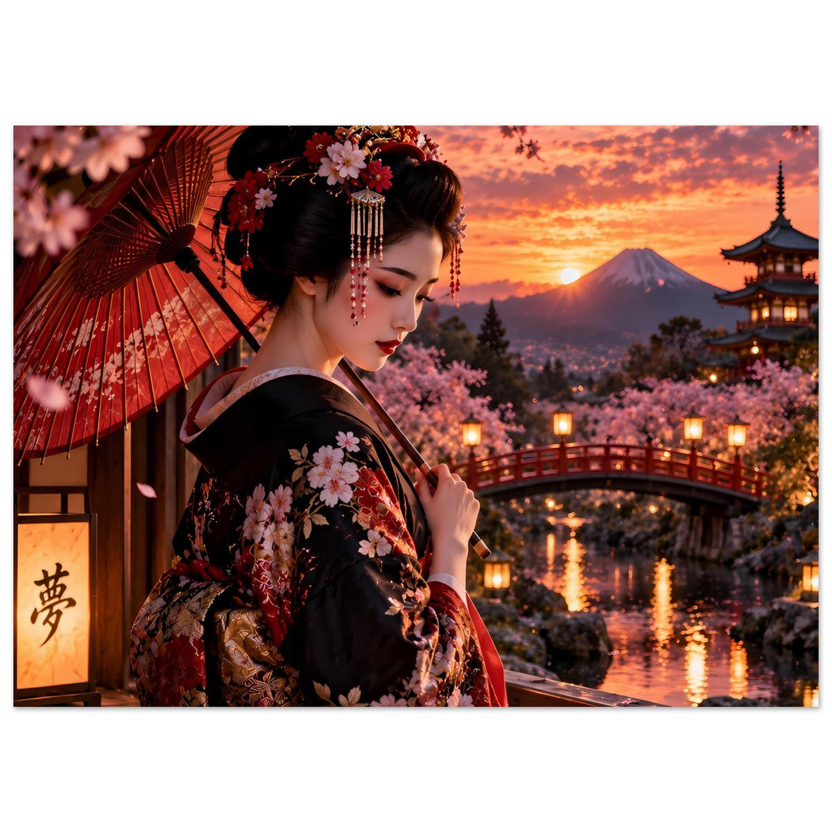 Poster im Querformat: Frau im Kimono, Kirschblütenmuster, roter Schirm, Sonnenuntergang und Lichter am Wasser
