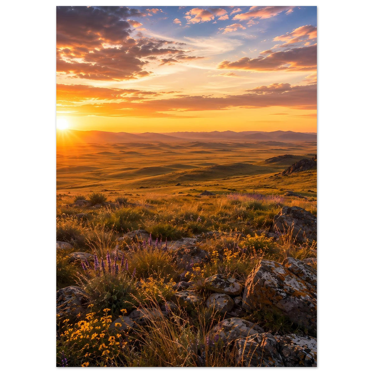 Vertikales Landschaftsposter mit Sonnenuntergang über Tal, warmem Himmel und Hügelkette