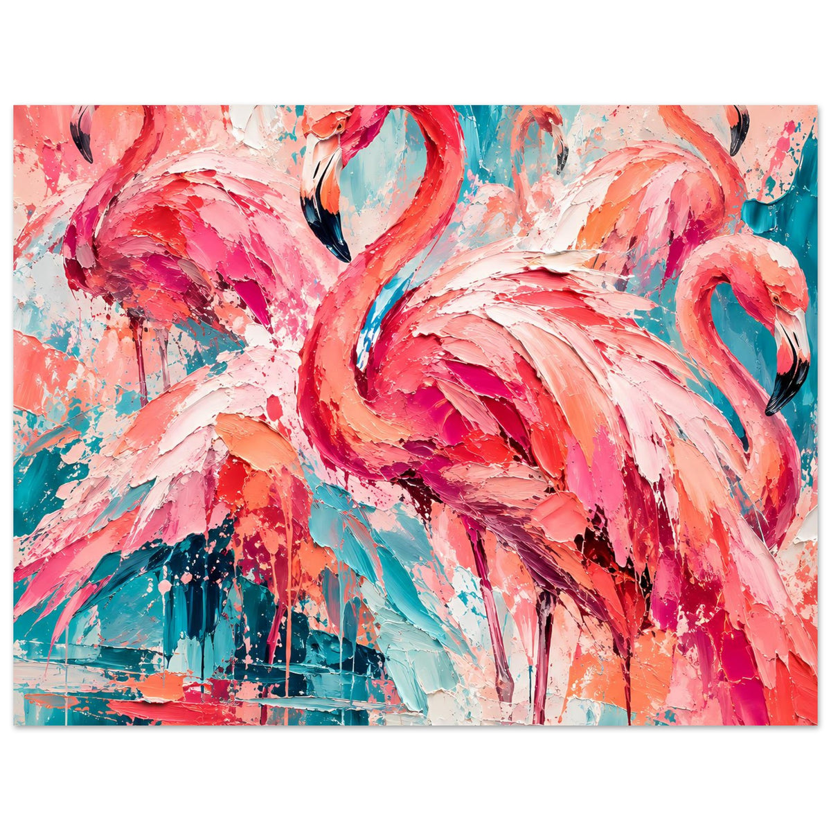 Flamingo-Poster im Quer-/Ausschnitt: rosafarbene Federn, türkise Akzente und schwarze Konturen.