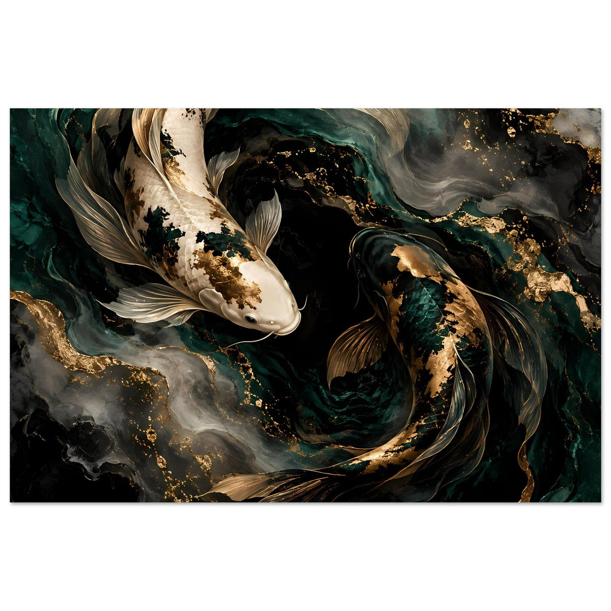 Kunstposter mit zwei Koi-Fischen in Tiefgrün, Gold und Elfenbein, horizontal
