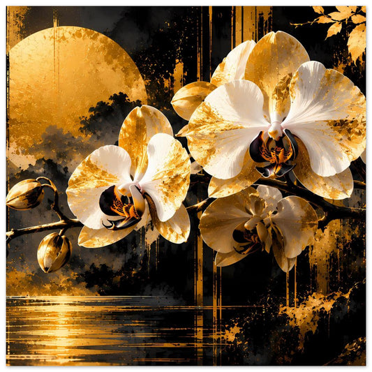 Blumenposter mit weißen und goldenen Orchideenblüten, abstraktes Design