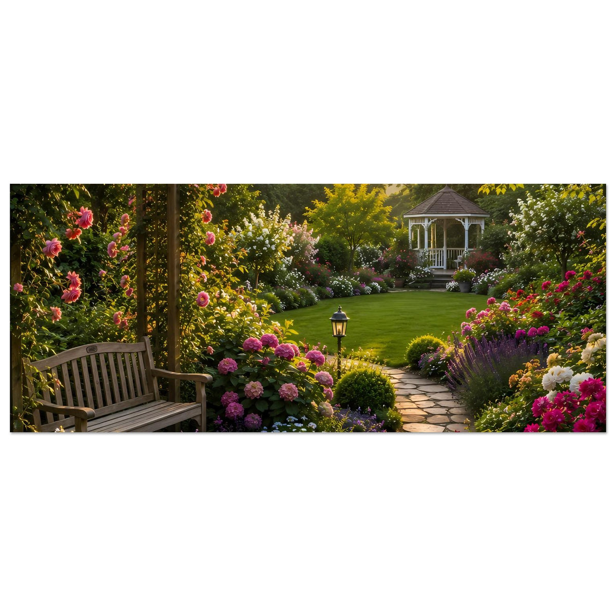 Gartenposter mit Bank, Rosenblumenrabatten, Steinweg, Rasen und Pavillon