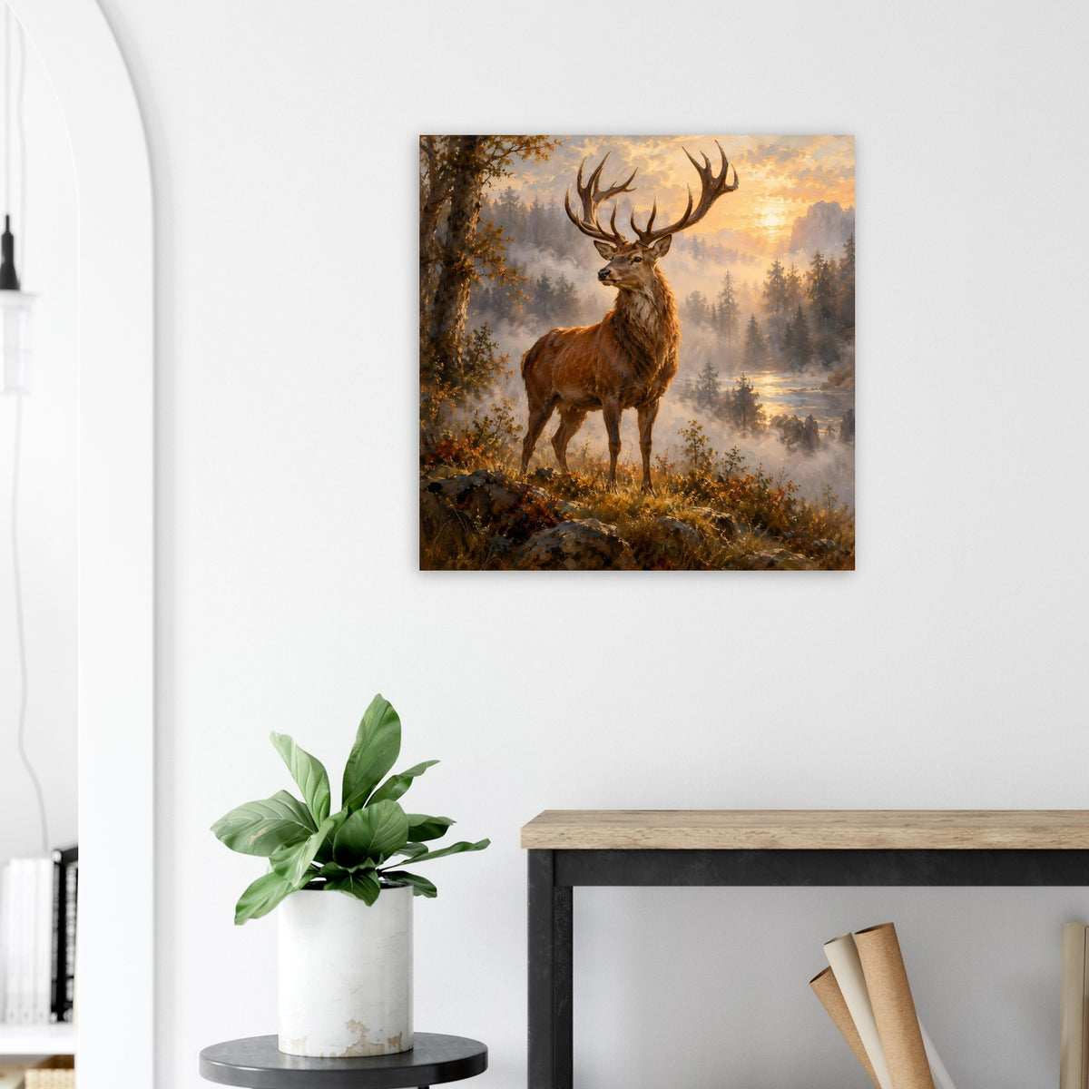 Majestic Stag Poster: Hirsch im Morgenlicht, klarer Mittelpunkt auf hellem Untergrund