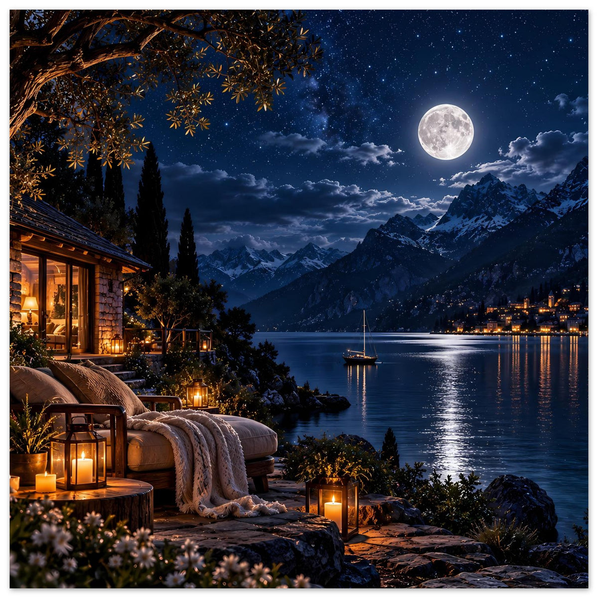 Poster: Nacht am Bergsee mit Vollmond, beleuchtetem Holzhaus, Decke und Laternen