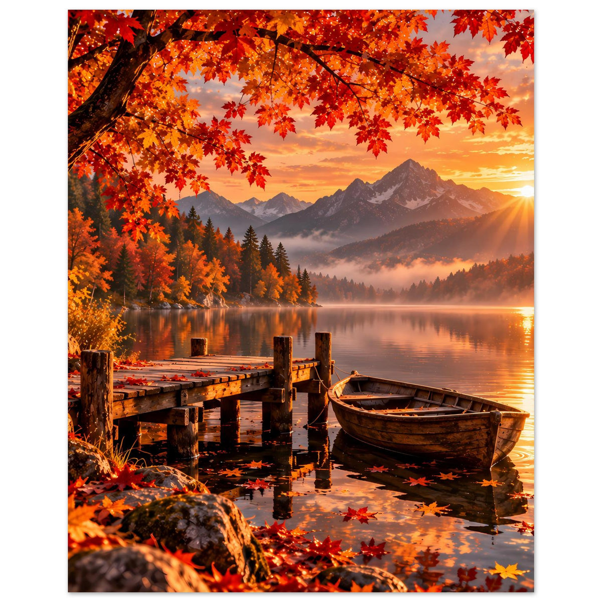 Herbstlandschaft-Poster (Hochformat) mit See, Boot, Holzsteg und roten Ahornblättern