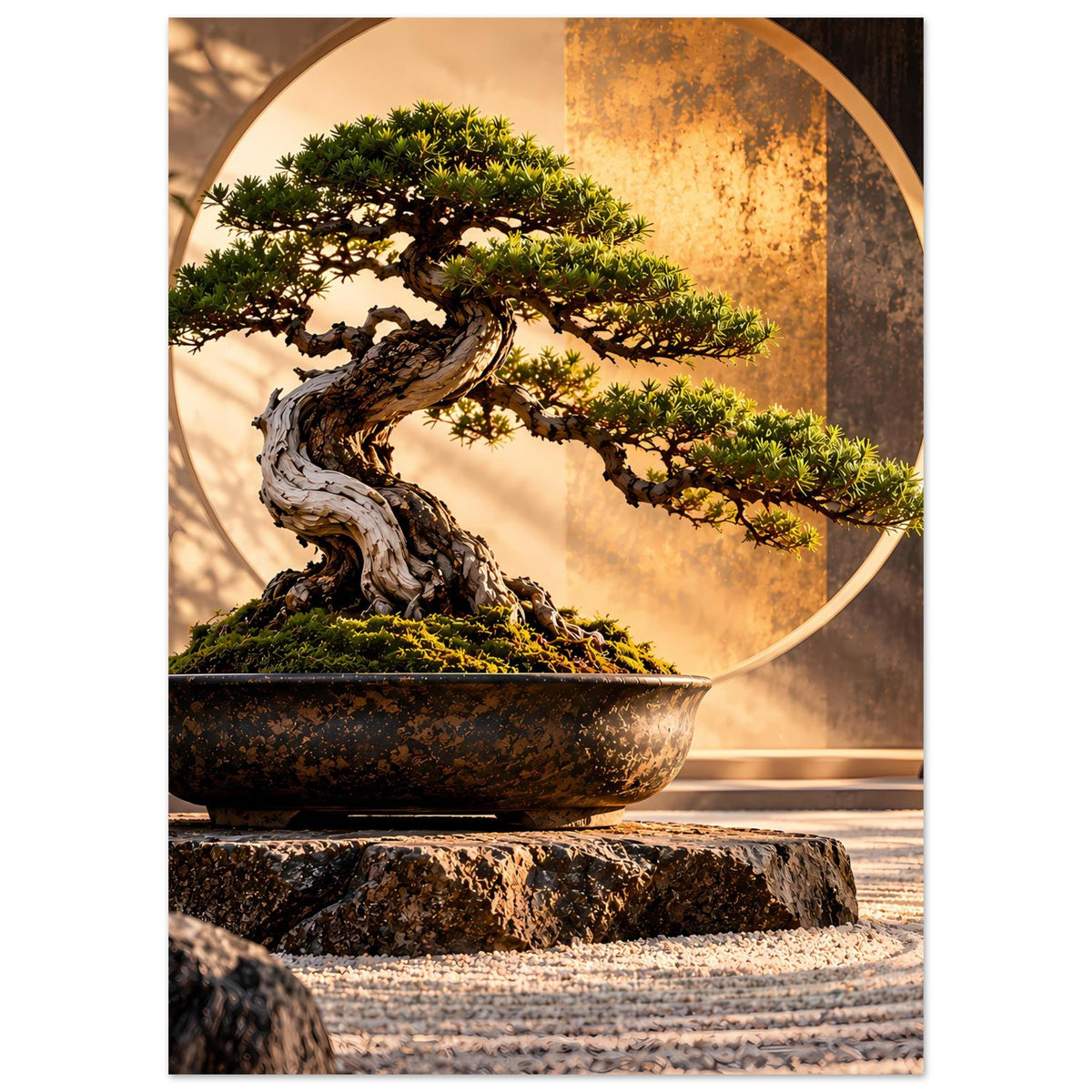 Vertikales Poster mit Bonsai-Baum in Schale, goldener Kreisrahmung und Steinen