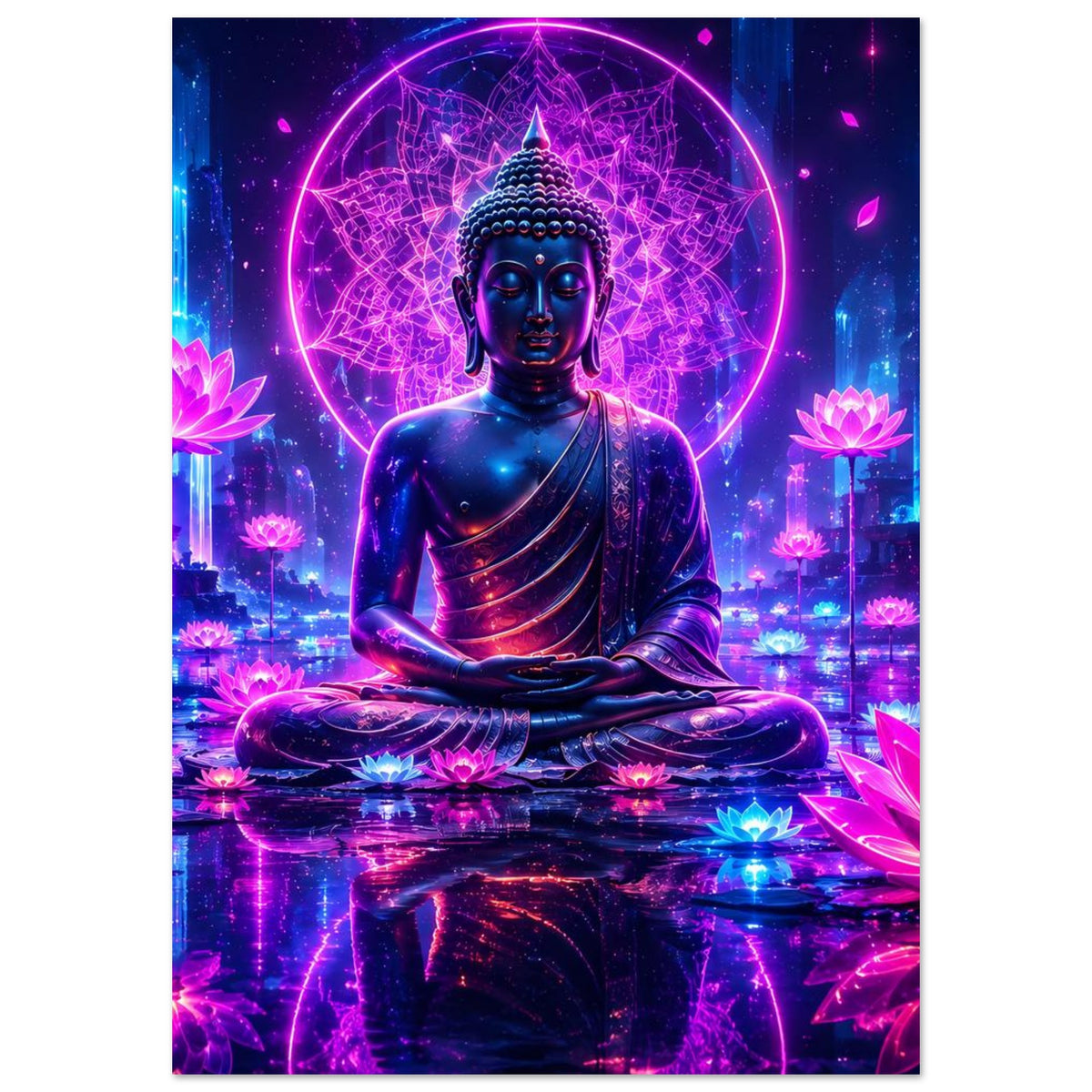 Meditations-Buddha im Lotussitz, Nahansicht mit neon pinkem Kreis und Lotusblüten