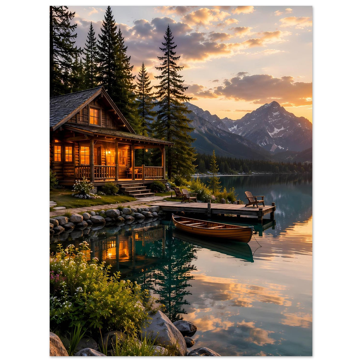Hochformat-Poster: Holzhaus am See, Boot am Steg und Berge im Sonnenaufgang