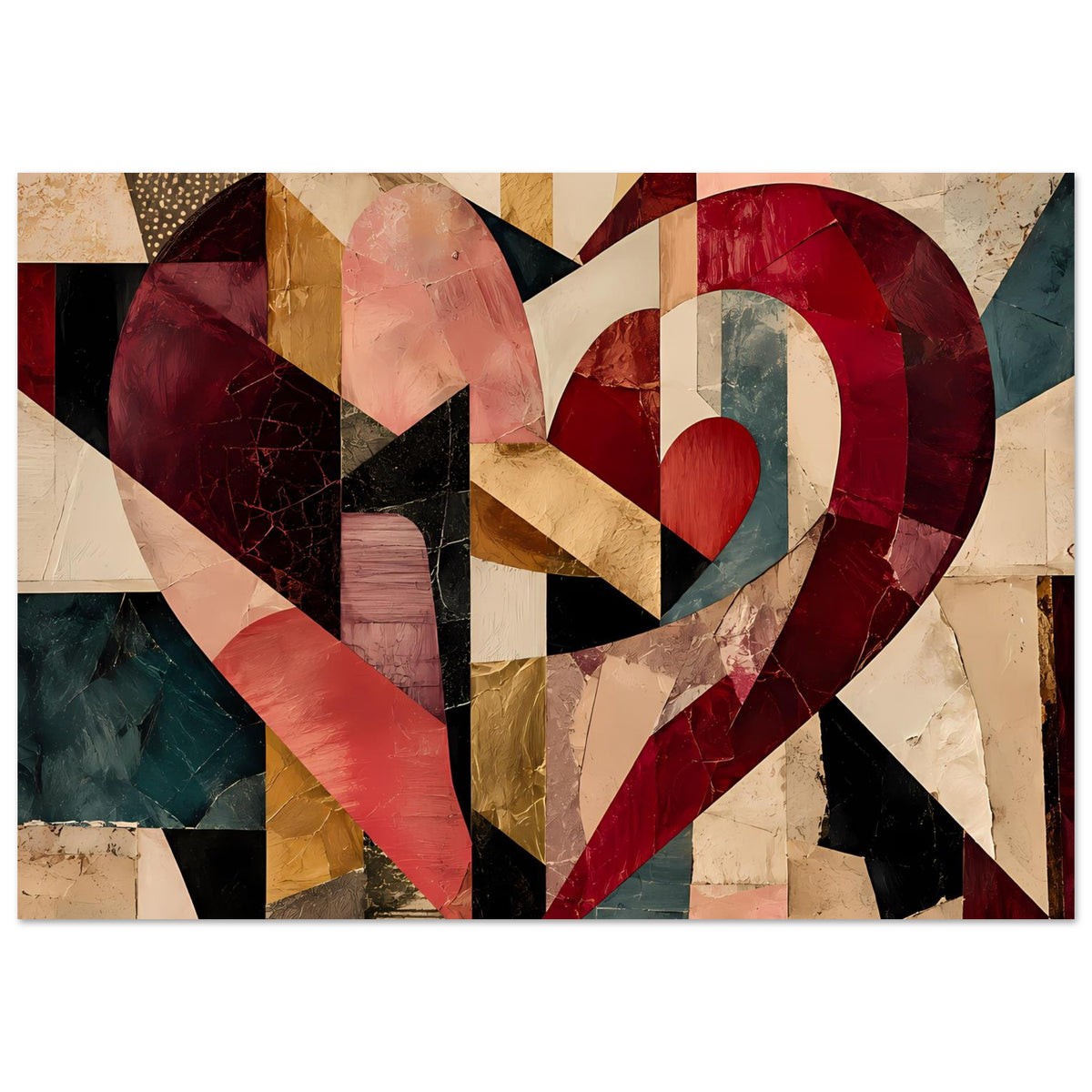 Horizontales Wandposter mit abstraktem Herz aus Patchwork-Flächen in tiefem Rot und Erdtönen