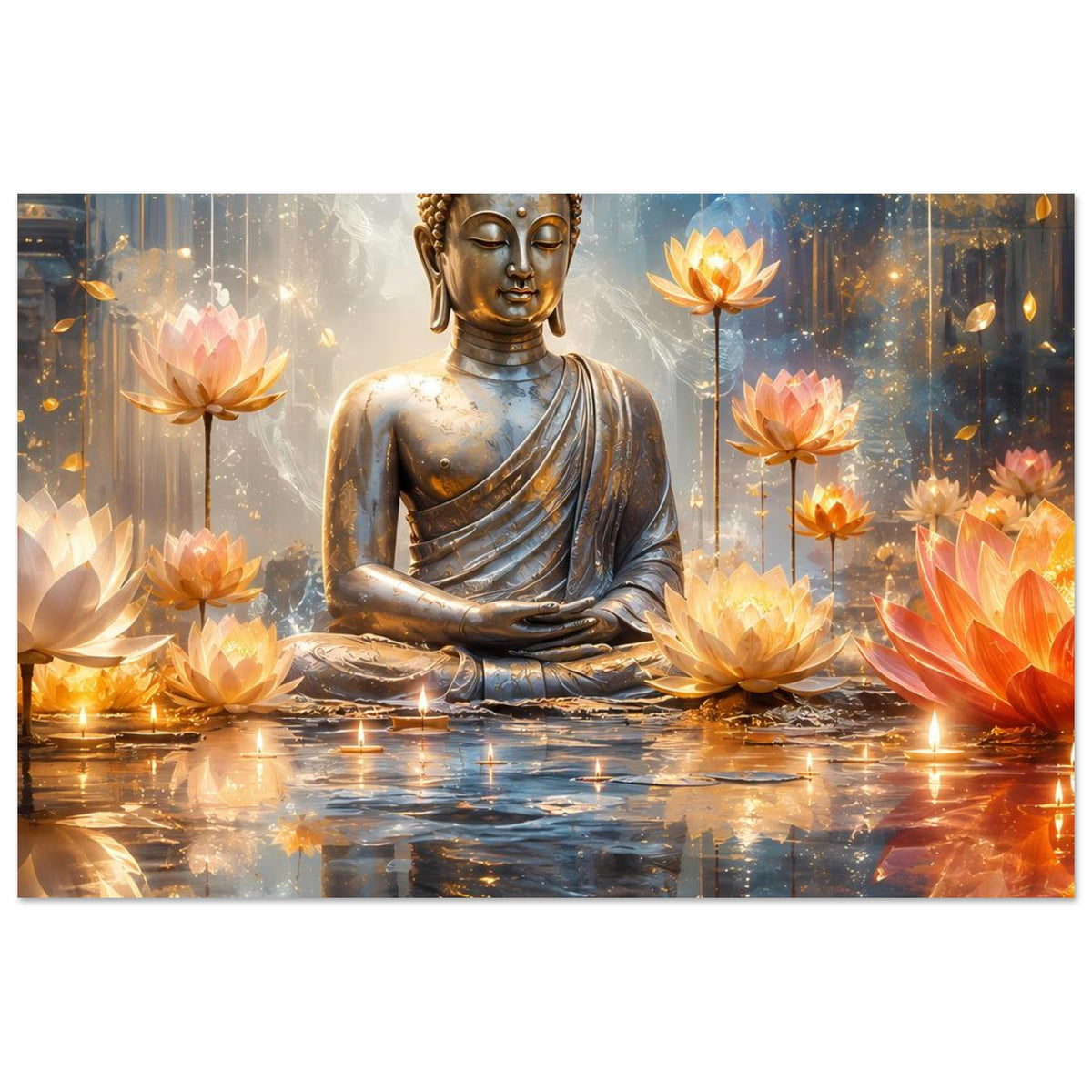 Querformat-Poster mit goldenem Buddha, Lotusblüten und Kerzenlicht auf spiegelndem Wasser