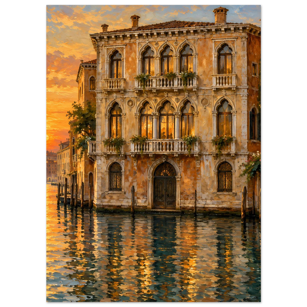 Poster mit venezianischem Palazzo und Arkaden, Abendsonne am Horizont, Spiegelungen im Wasser
