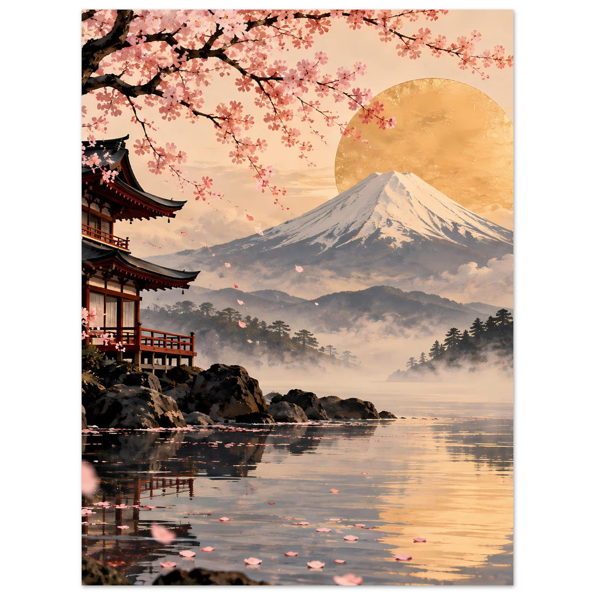 Hochformatiges Poster mit Kirschblüten, goldenem Mond, Fuji und See im Dunst