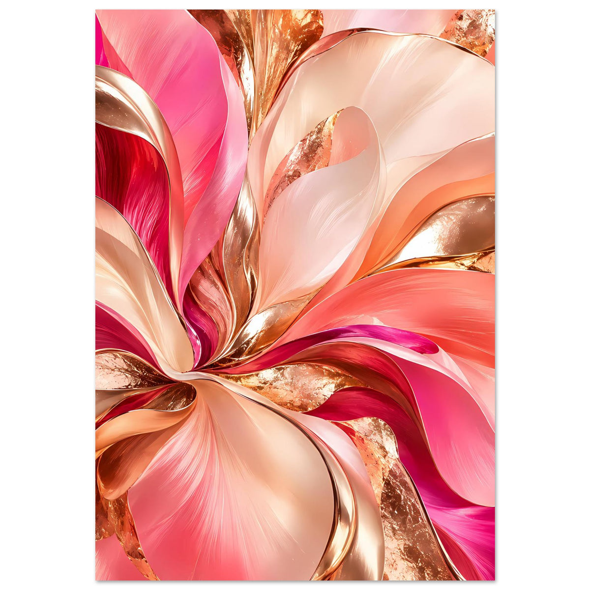 Abstraktes Blumenposter: große rosa und cremefarbene Blattformen mit goldenen Linien, diagonal