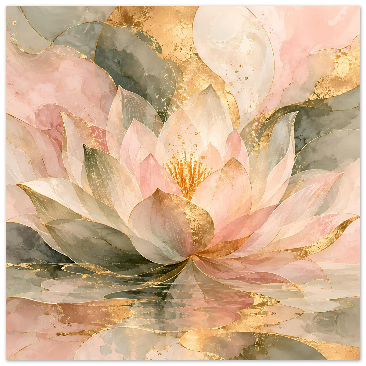 Zen-Poster mit zarter Lotusblüte in Rosé, Gold und Grün