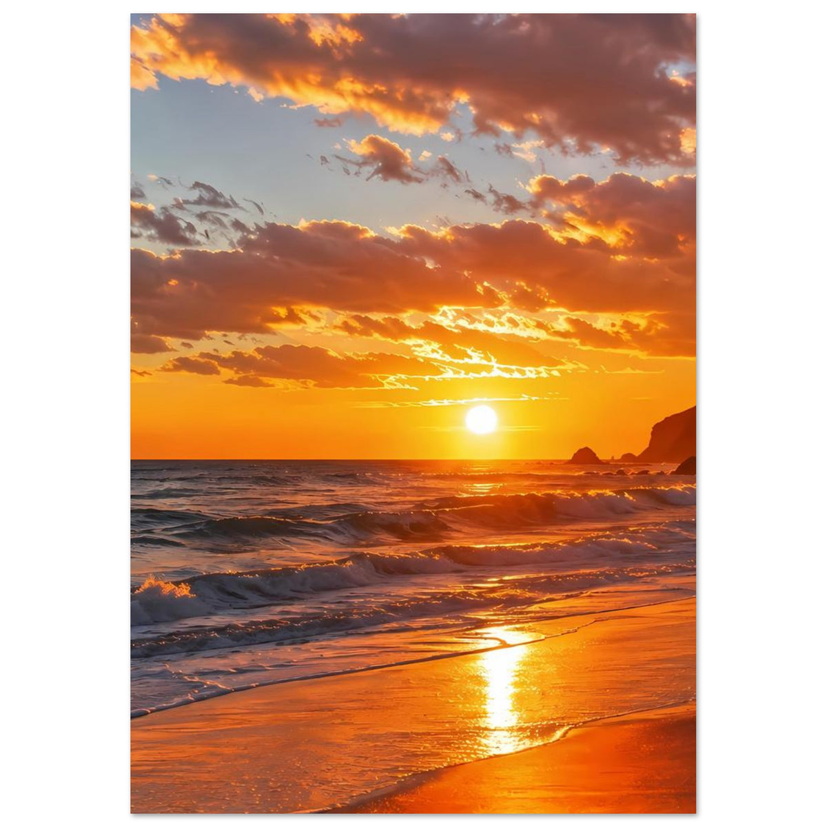 Poster im Hochformat mit Sonnenuntergang am Strand: goldene Sonne, orangefarbener Himmel, ruhige Brandung.