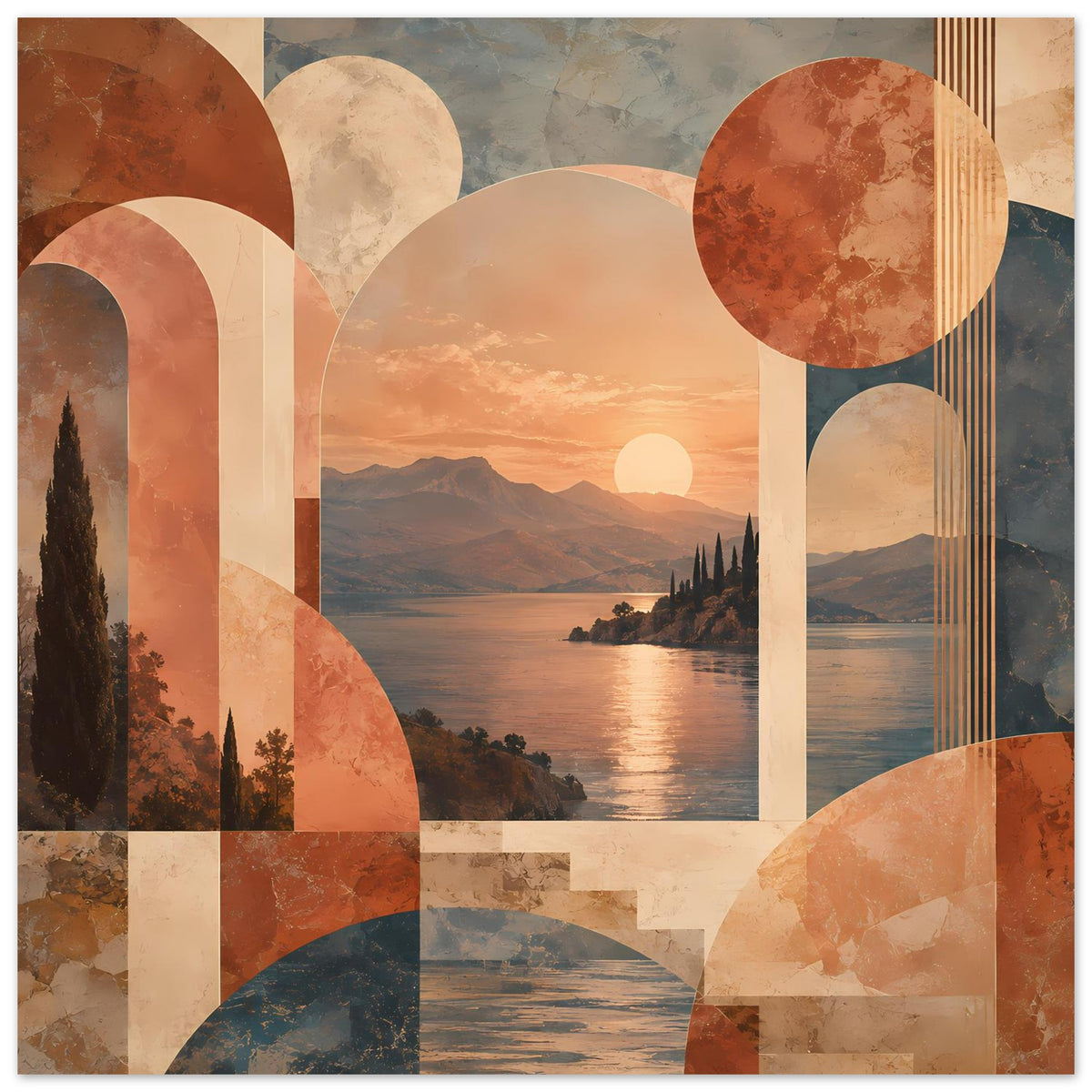 Abstraktes Poster mit warmen Erdtönen, Sonnenuntergang-Landschaft und Linien im rechten Bereich
