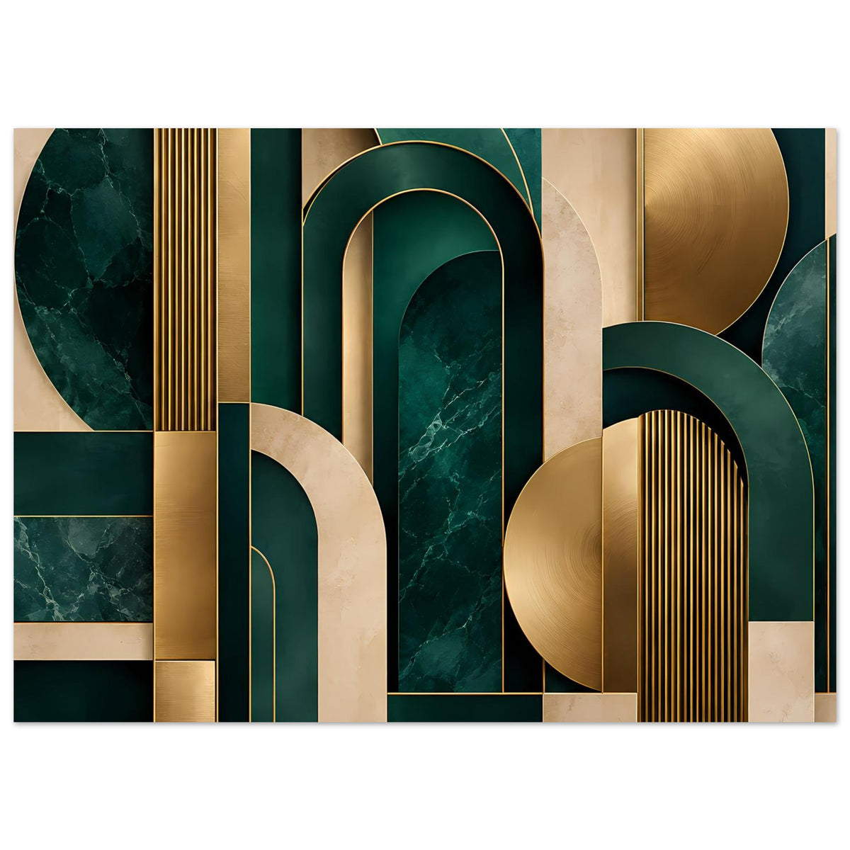Breitformatiges Art-Deco-Poster mit goldenen Zierstreifen, Bögen und marmorierten Flächen.