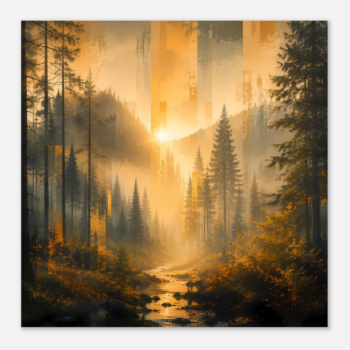 Poster im Querformat mit Waldweg und Bachlauf, leuchtender Sonnenpunkt, dichte Tannen