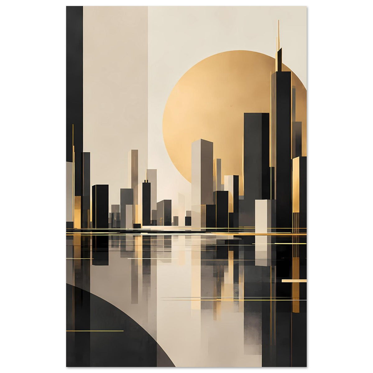 Abstraktes Stadtlandschafts-Poster im Hochformat mit goldener Sonne und dunkler Skyline