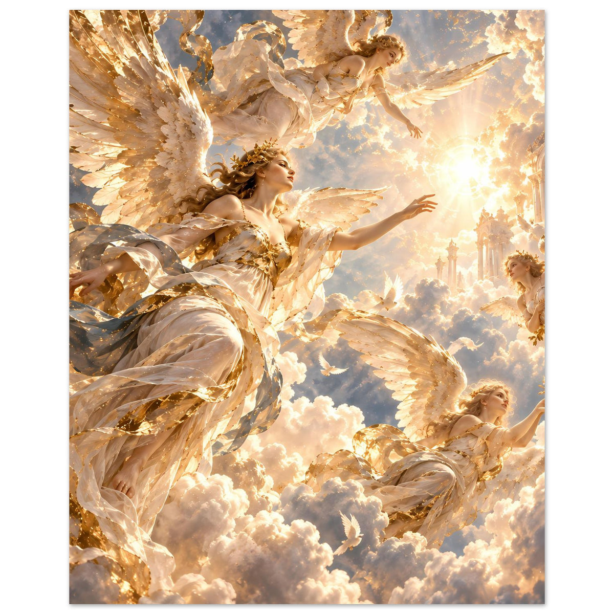 Premium-Matte-Poster mit goldener Engelsfigur und kleinen Engeln zwischen Wolken