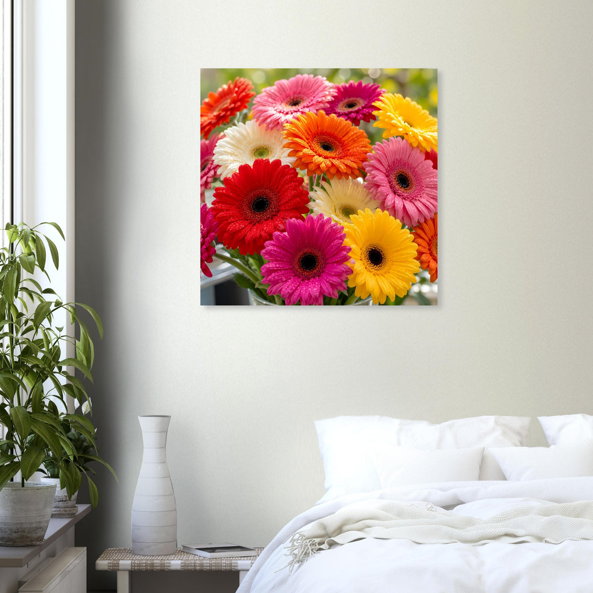 Quadratisches Blumenposter mit bunten Gerbera-Blüten: gelb, rot, pink und orange.
