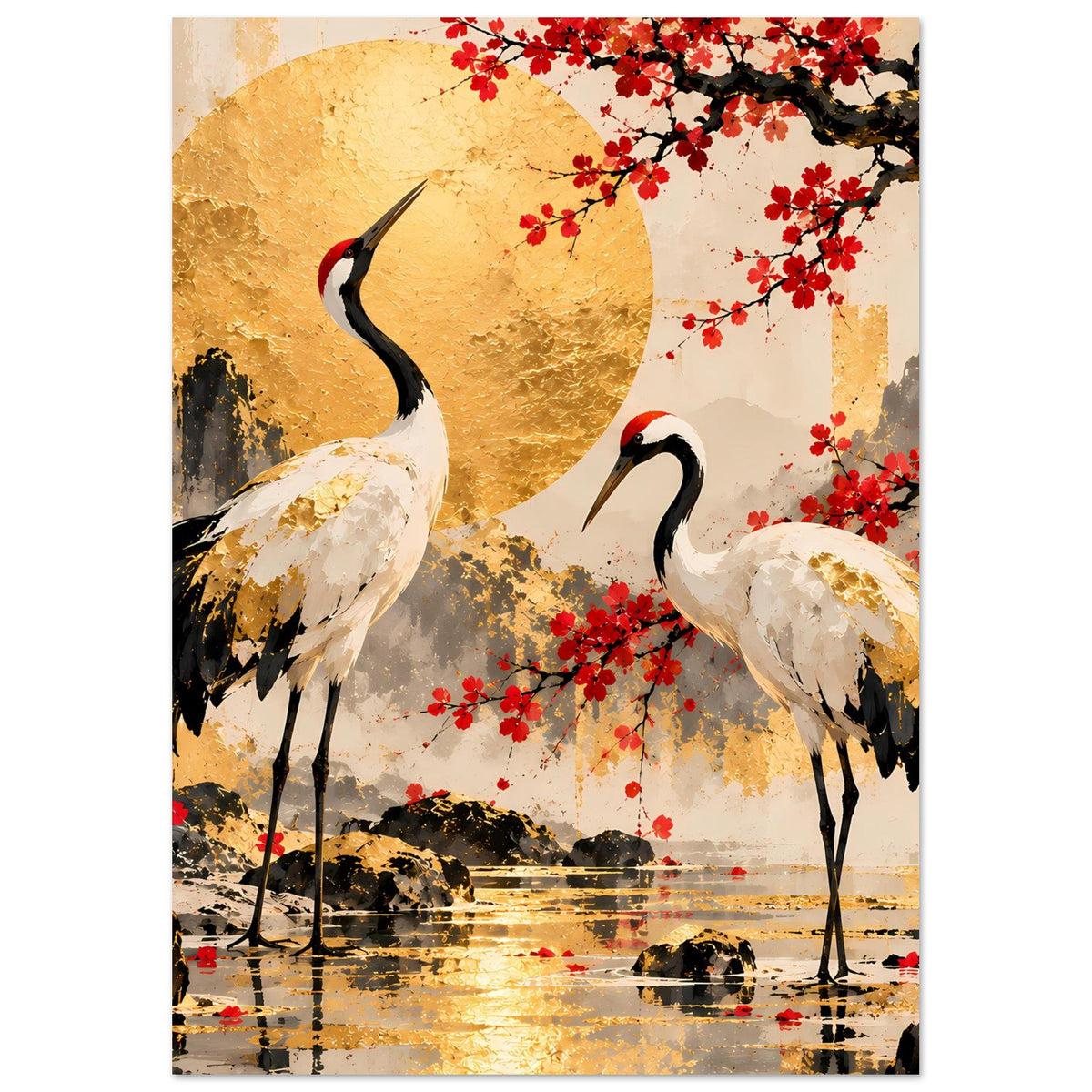 Poster mit zwei weißen Kranichen, goldenem Mond und roten Kirschblüten am Baum