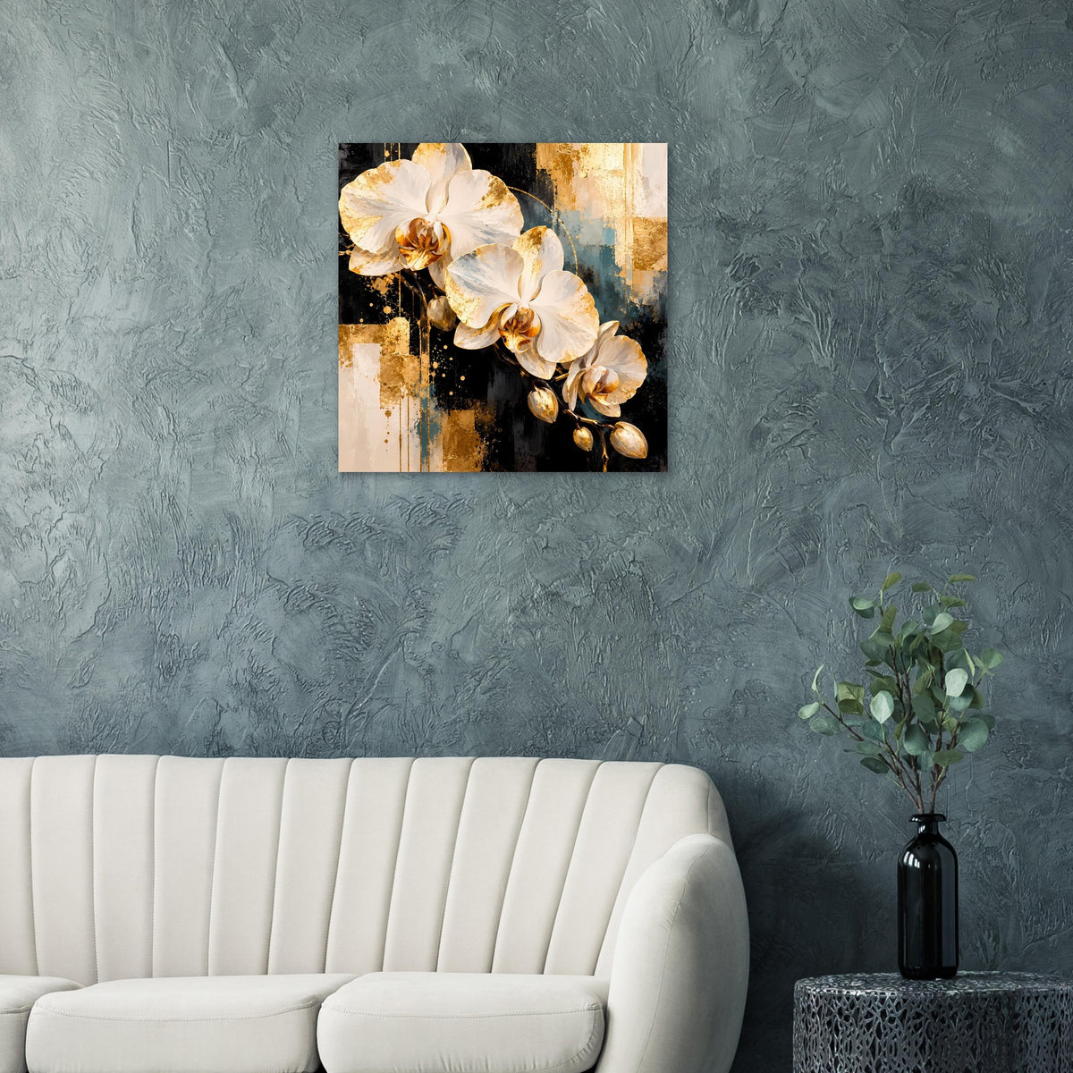 Wandposter mit weißen Orchideenblüten und goldenen Akzenten, abstraktes Design