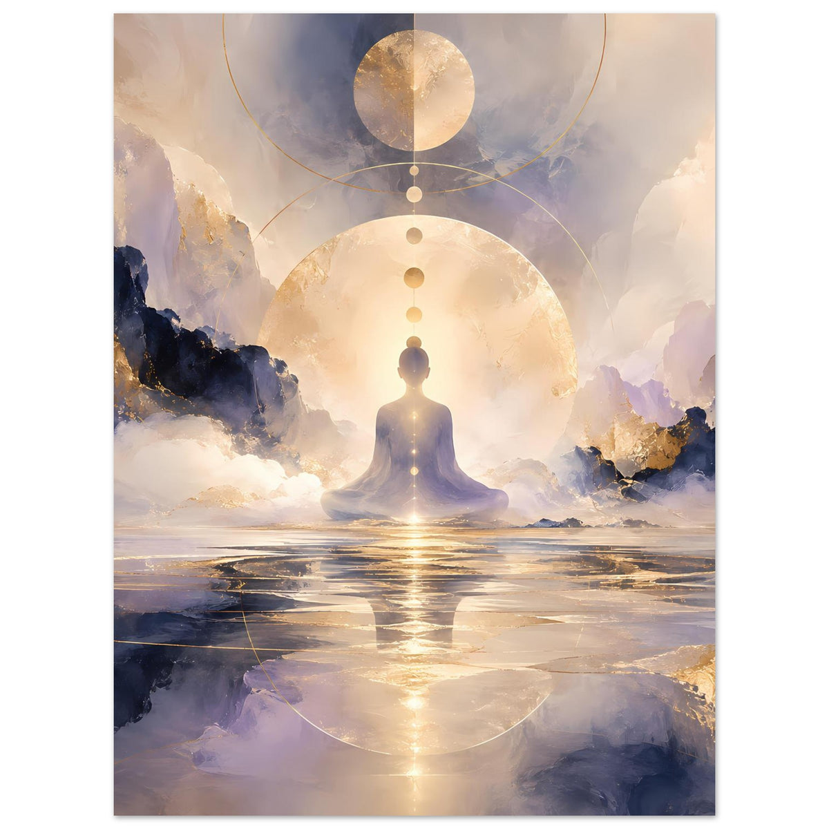 Meditationsposter: ruhende Figur, Goldmond und Kreisornamente über Landschaft mit ruhigem Wasser.