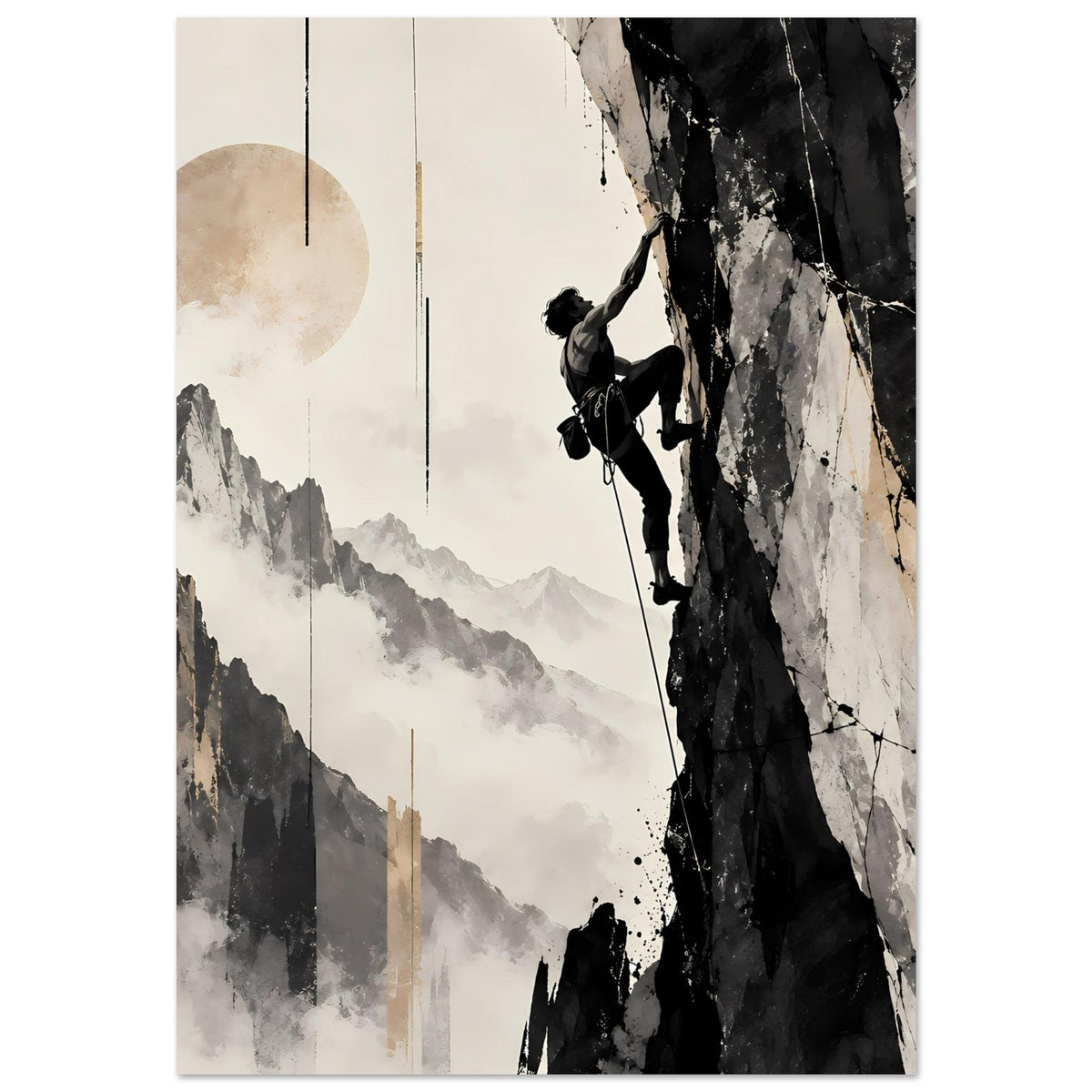 Vertikales Poster: Bergsteiger klettert am steilen Fels über neblige Berggipfel
