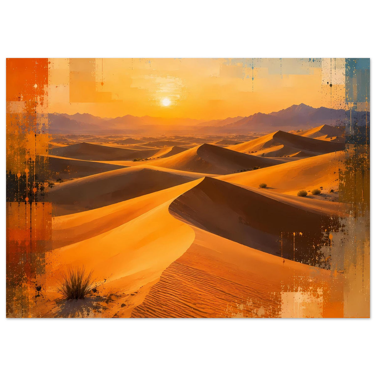 Horizontaler Druck: Sanddünen bei Sonnenuntergang, warmes Orange-Braun, abstrakte Elemente