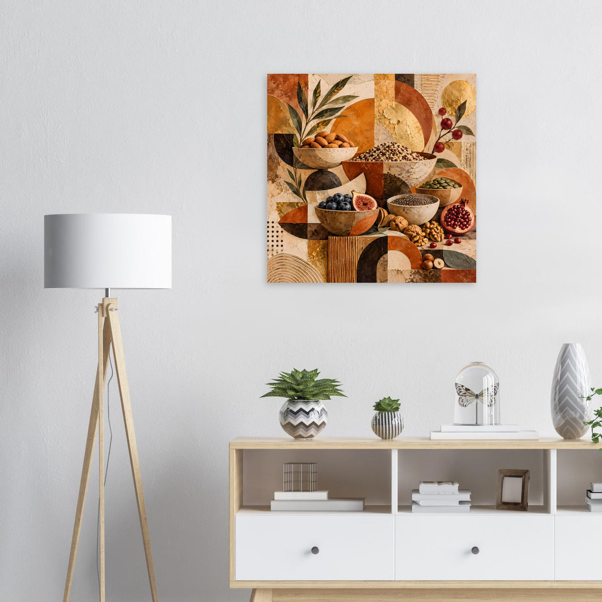 Poster mit abstrakter Stillleben-Collage: Schalen, Körner und Blätter in warmen Erdtönen