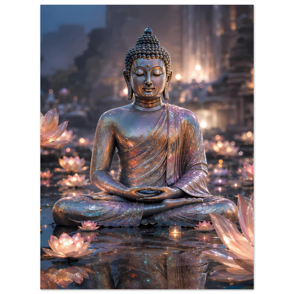 Meditationsposter mit sitzendem Buddha in blauem Goldton und leuchtenden Lotusblüten
