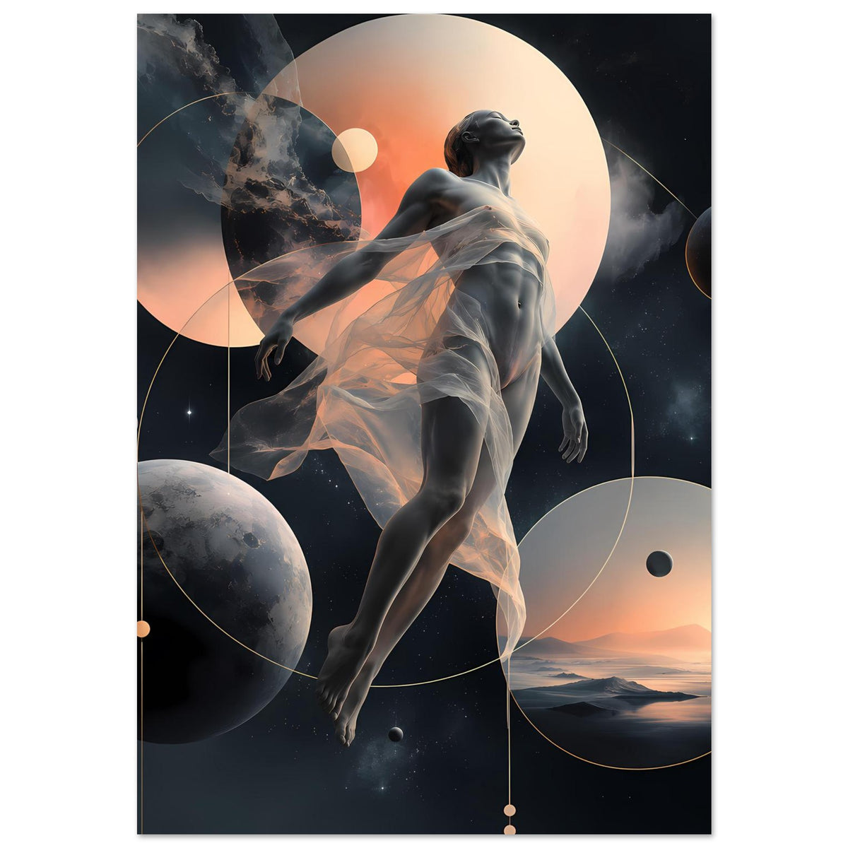 Poster mit abstrakter Figur in wehender Pose, umgeben von Monden und Planetenformen
