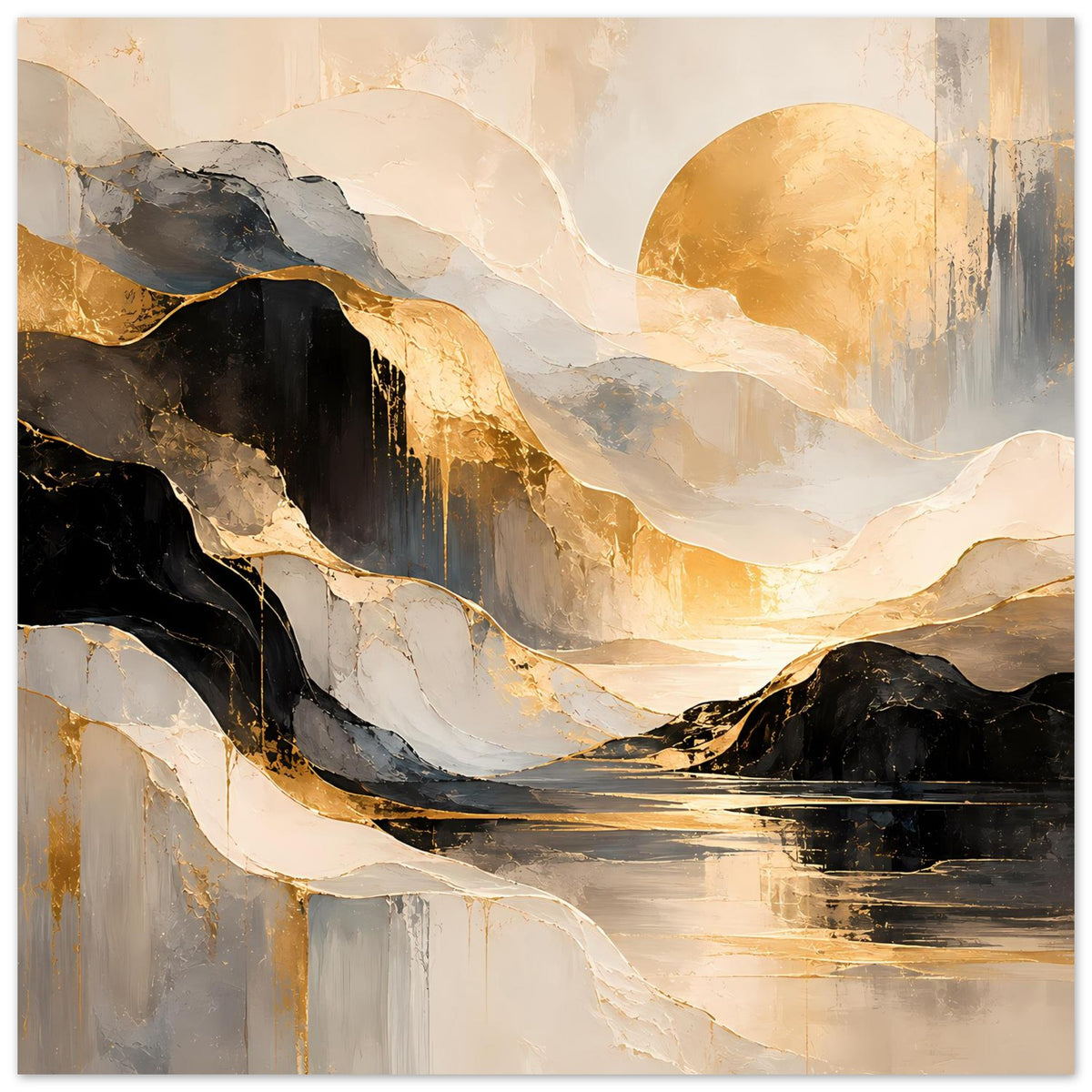 Abstraktes Kunstposter im Breitformat: dramatische schwarze Form, goldener Glanz, helle Adern