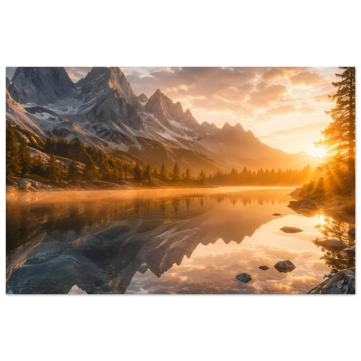 Horizontales Poster mit Bergsee bei Sonnenaufgang, Felsbrocken, Ufer mit Gras und Spiegelung
