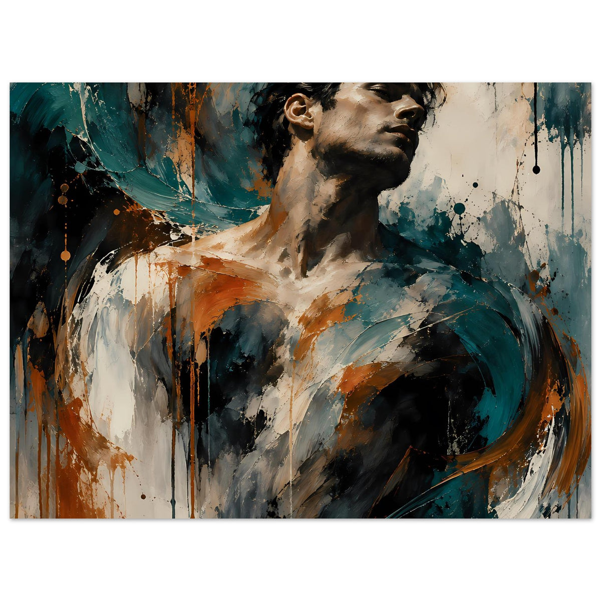 Kunstposter mit expressivem Männerporträt, Halbfigur, Teal und Rostorange, Pinseltextur