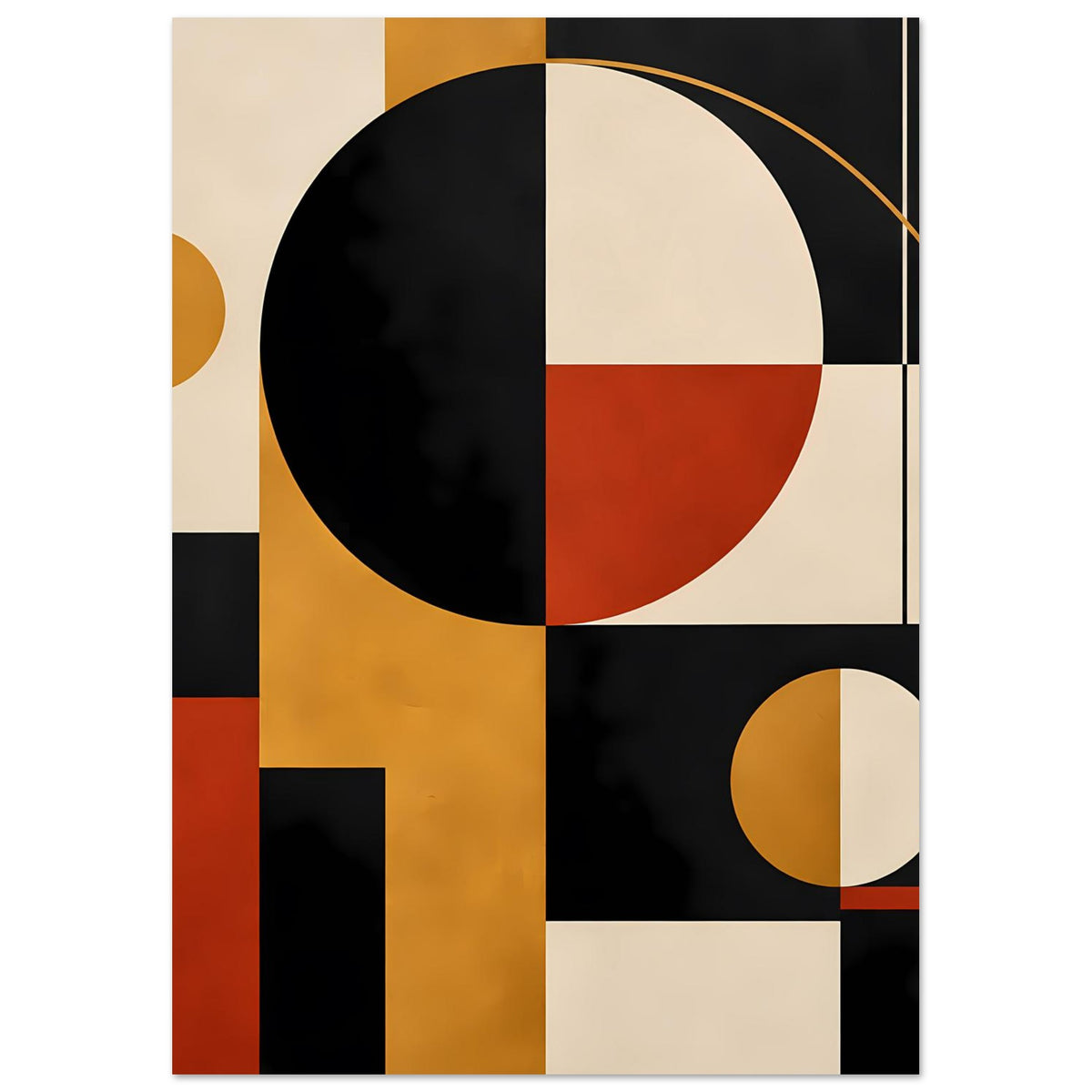 Geometrischer Kunstdruck mit Halbkreisen, kleinem Kreis und Farbbahnen in Schwarz, Rot und Ocker