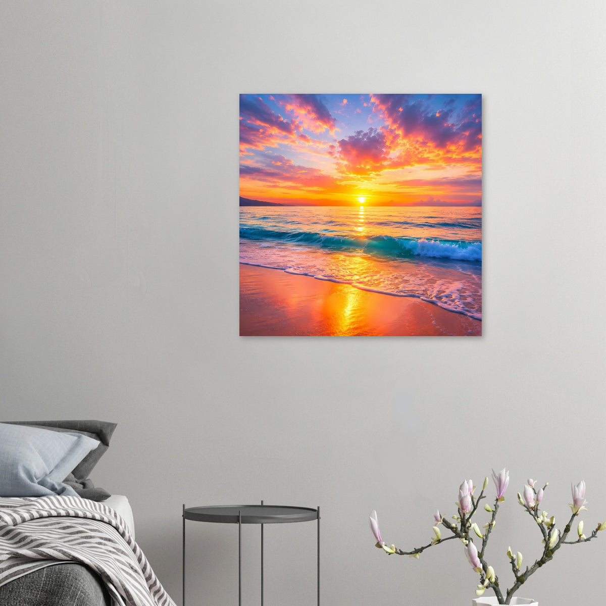 Kleines Strandposter mit Sonnenuntergang am Meer, Sonne über dem Horizont