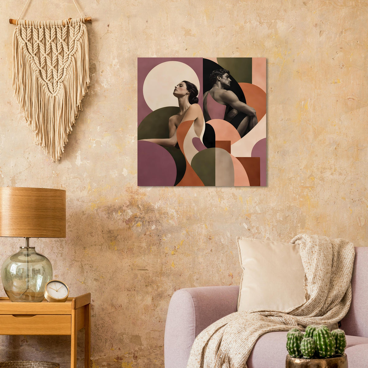 Abstraktes Paar-Poster mit zwei Frauenfiguren, geometrische Flächen in Terrakotta/Mauve