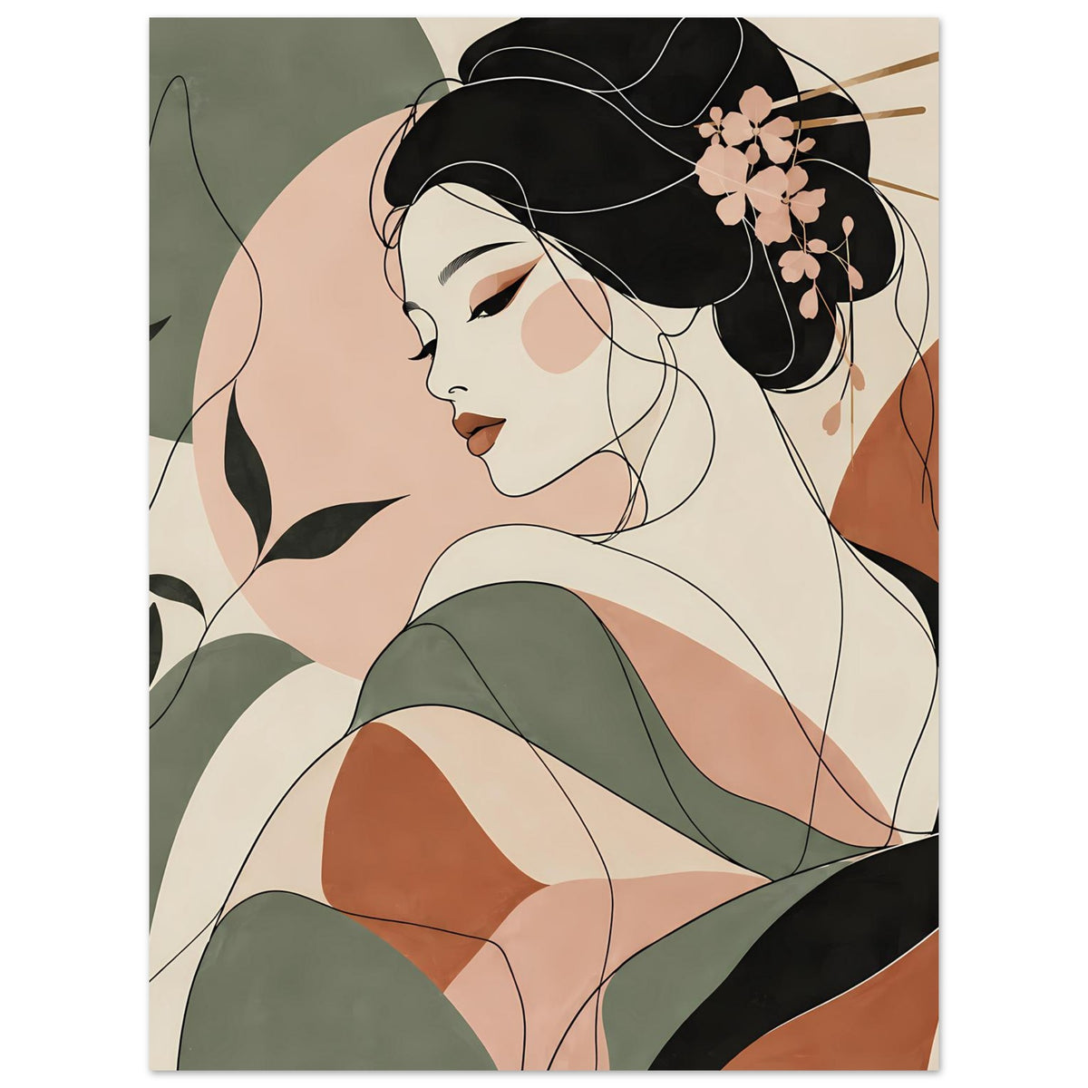 Zen-Poster: Geisha im Seitenprofil mit schwarzem Haar und rosa Blüten, grünes Gewand