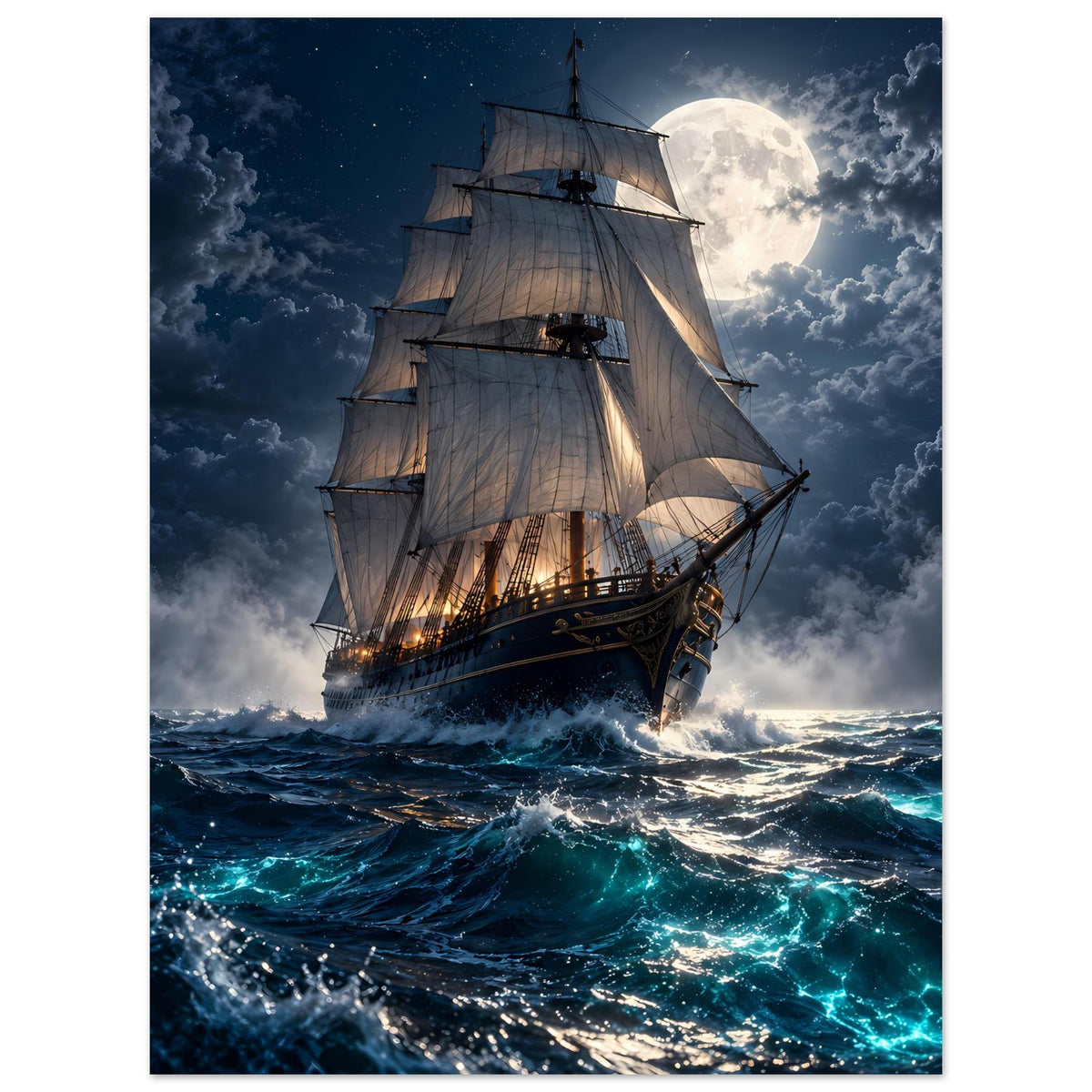 Segelschiff-Poster mit Vollmond, Segelboot frontal über bewegter See
