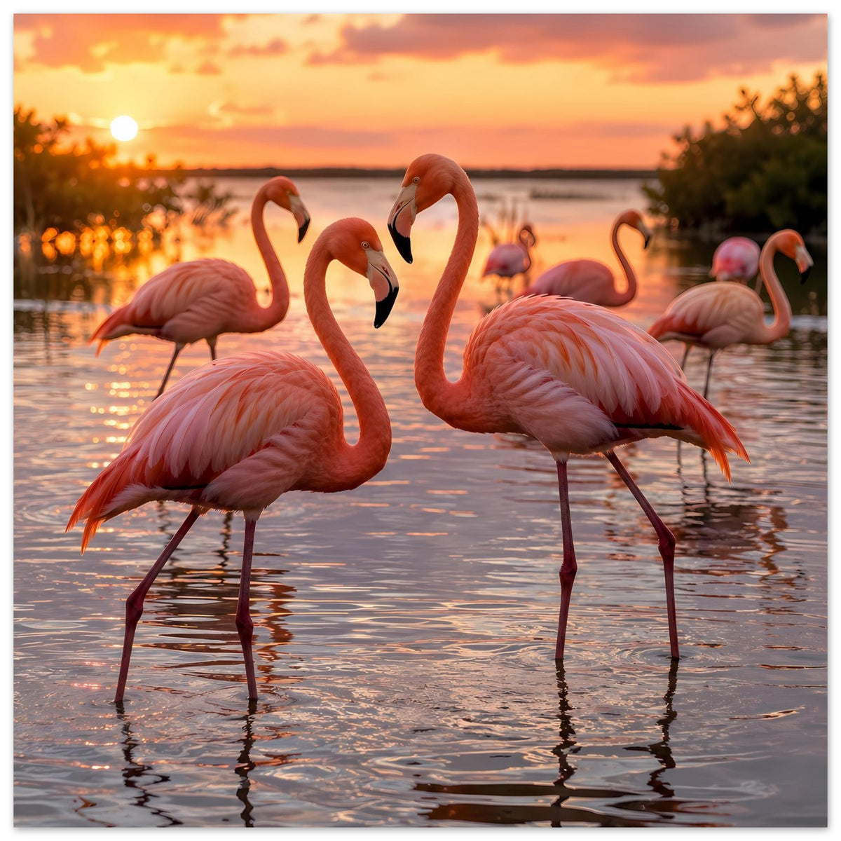 Poster mit rosa Flamingos im Wasser, mehrere Vögel, warmes Licht bei Sonnenuntergang