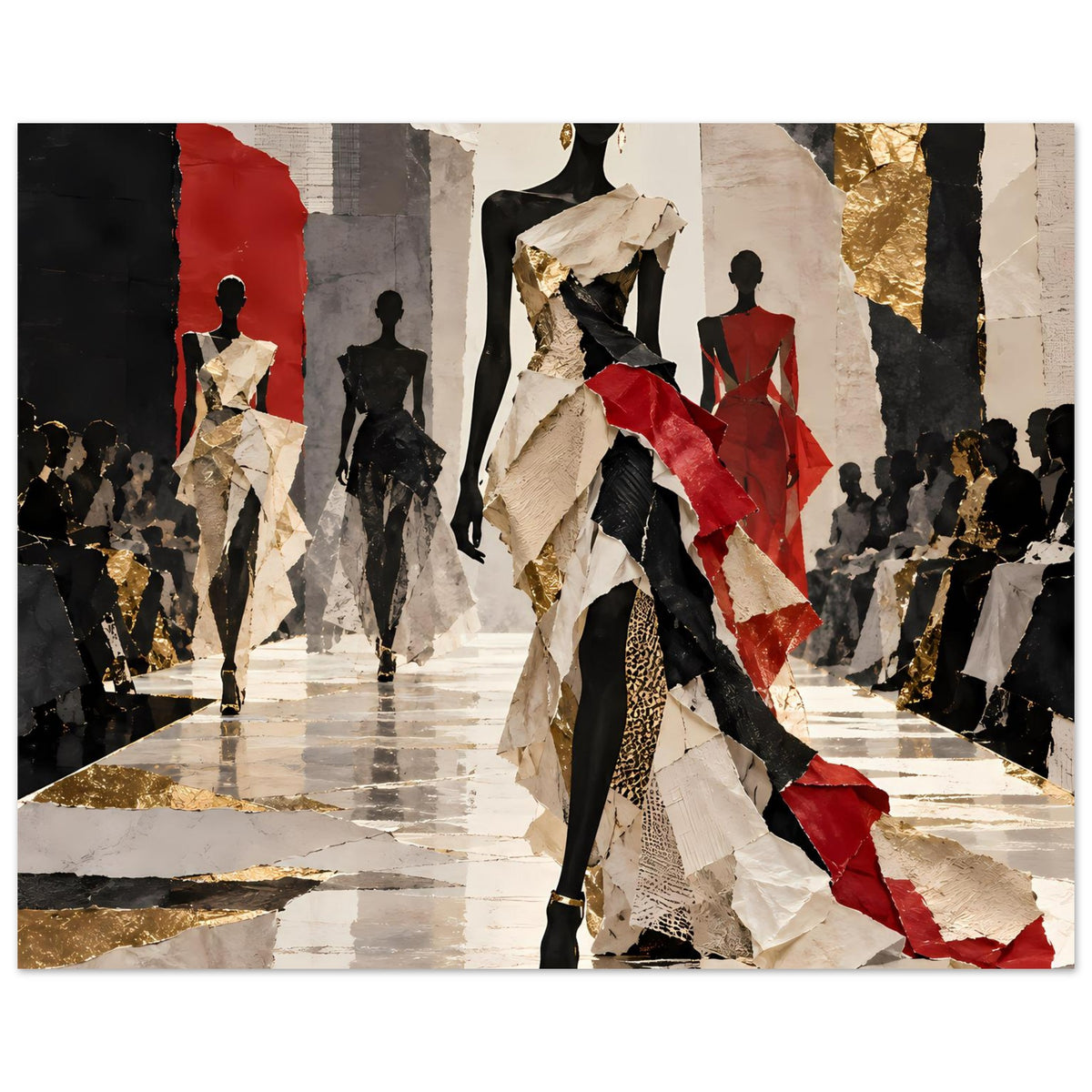 Modeposter mit Laufsteg-Motiv: schwarze Models, rote Details, goldene Akzentflächen