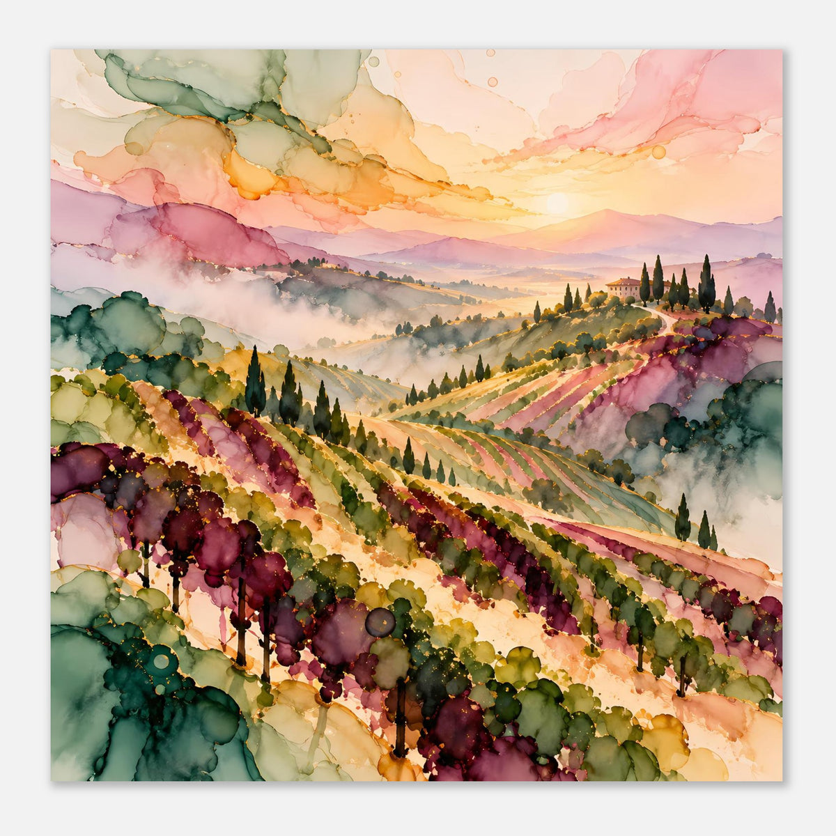 Landschaftsposter im Querformat, Weinberglandschaft in Pastellfarben mit warmem Abendhimmel