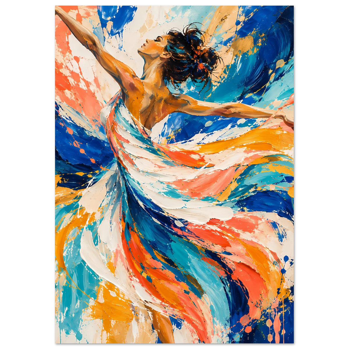 Kunstdruck-Poster im Hochformat: abstrakte Tänzerin, Blau-, Orange- und Weißtöne, Pinselstriche.