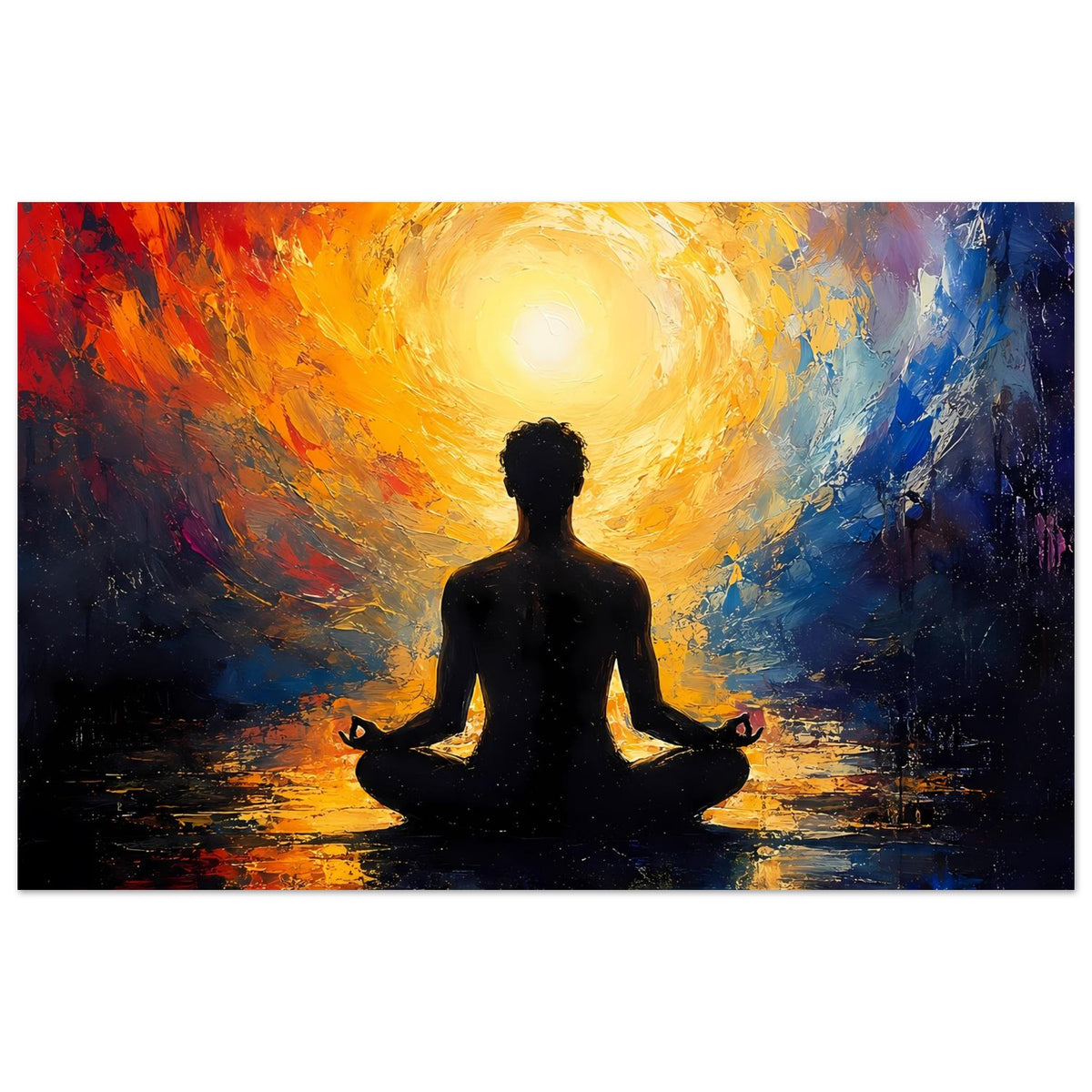 Abstraktes Zen-Poster mit Meditationssilhouette im Lotussitz und leuchtender goldener Aura