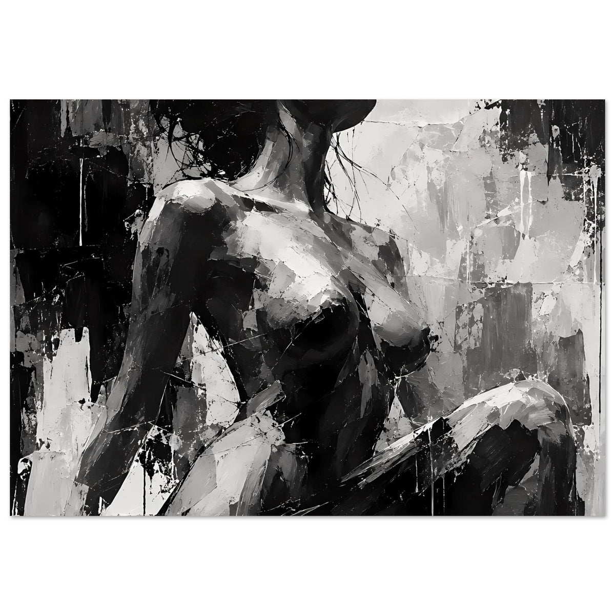 Kunstposter: abstraktes Frauenporträt in Schwarzweiß, schräger Oberkörper, kontrastreich