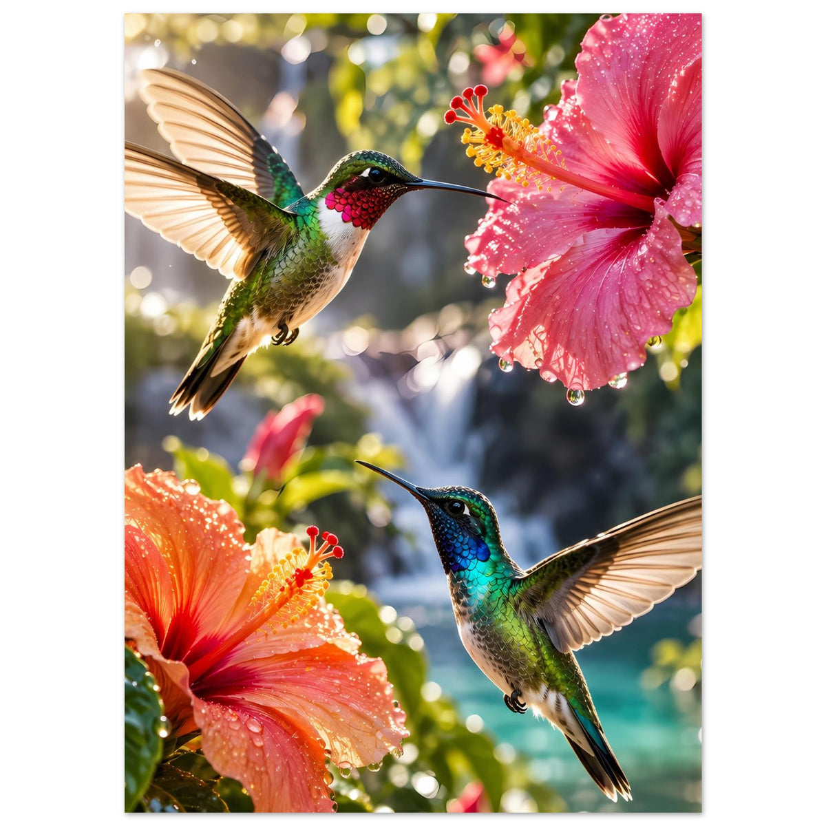 Poster mit Kolibri und Hibiskusblüten, Fokus auf blaugrüne Vögel und Pink