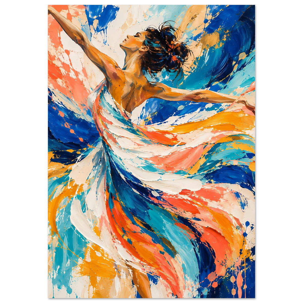 Tanzposter im Hochformat mit abstrakter weiblicher Figur in Blau-Orange-Pinselstrichen
